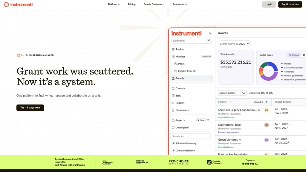Instrumentl homepage showing its grant management dashboard
