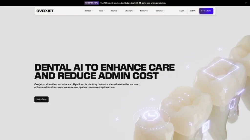 Overjet homepage with the headline Dental AI to enhance care and reduce admin cost