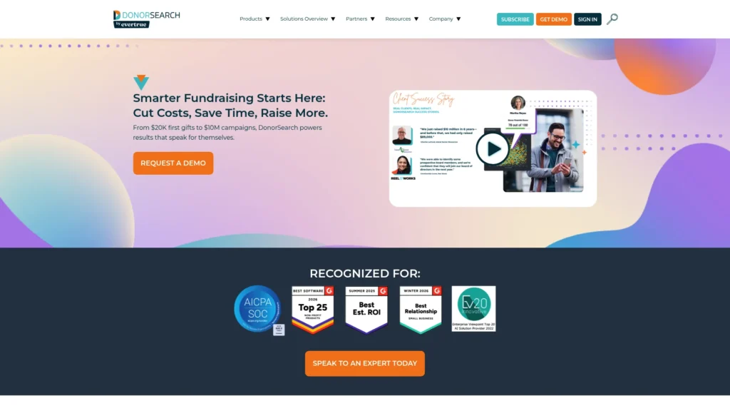 DonorSearch AI homepage for smarter fundraising and donor research