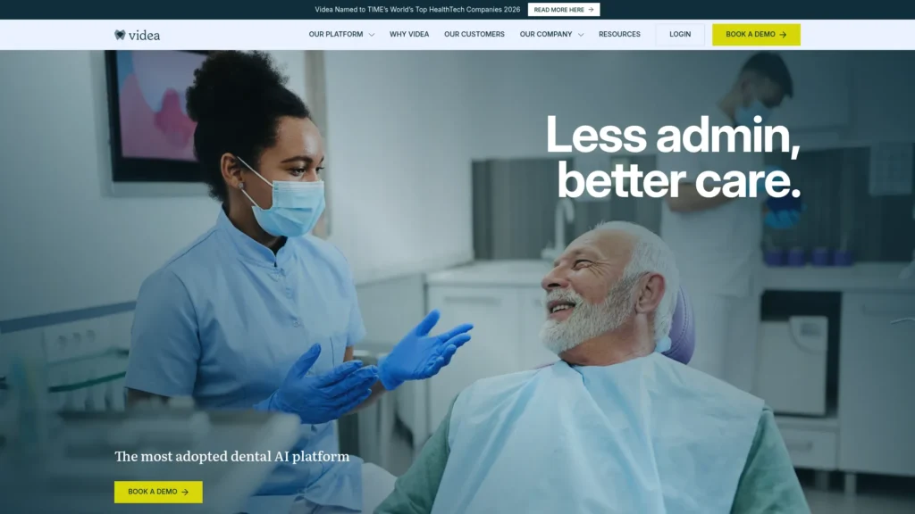 Videa homepage with the headline Less admin, better care, showing a dentist with a patient