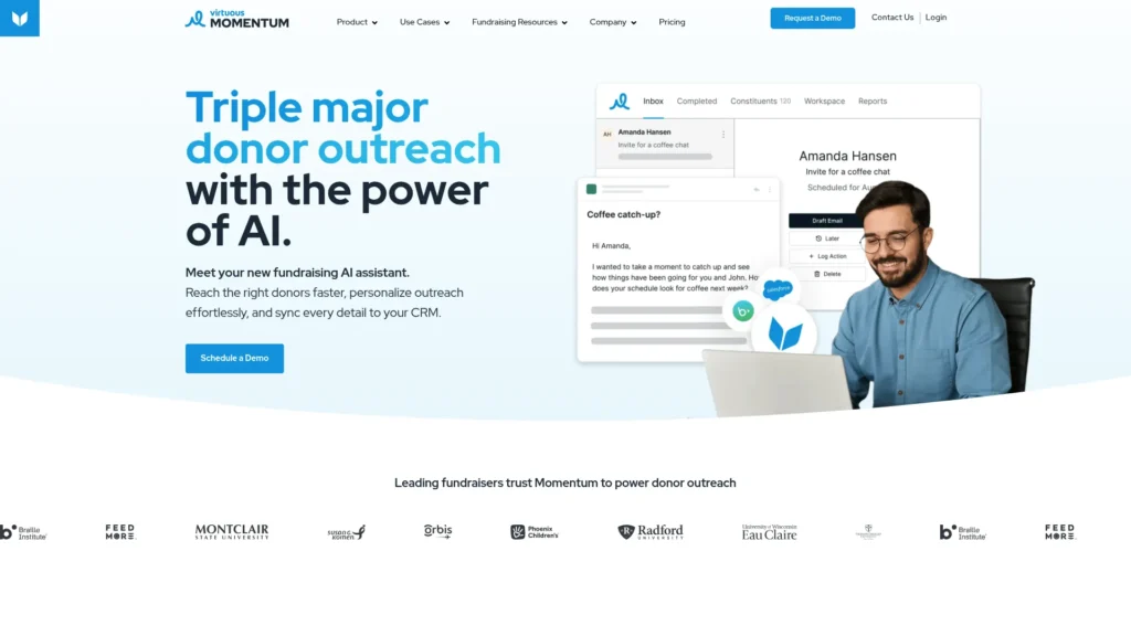 Virtuous homepage with the headline Triple major donor outreach with the power of AI