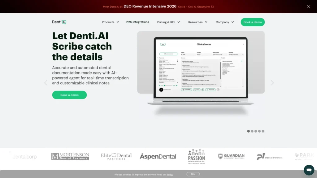 Denti.AI homepage with the headline Let Denti.AI Scribe catch the details