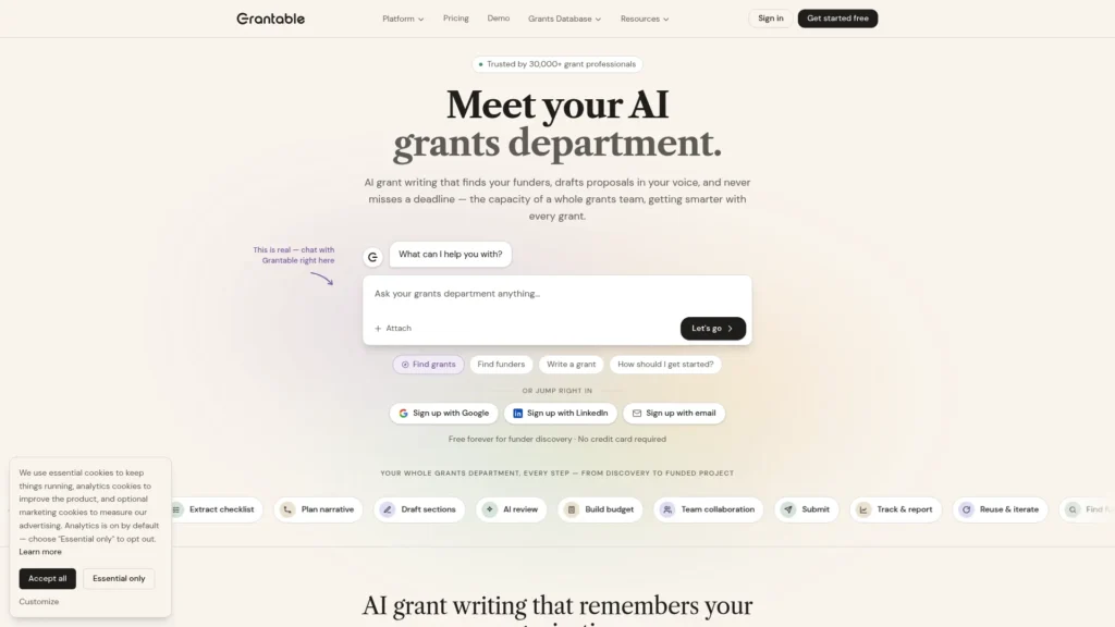 Grantable homepage with the headline Meet your AI grants department