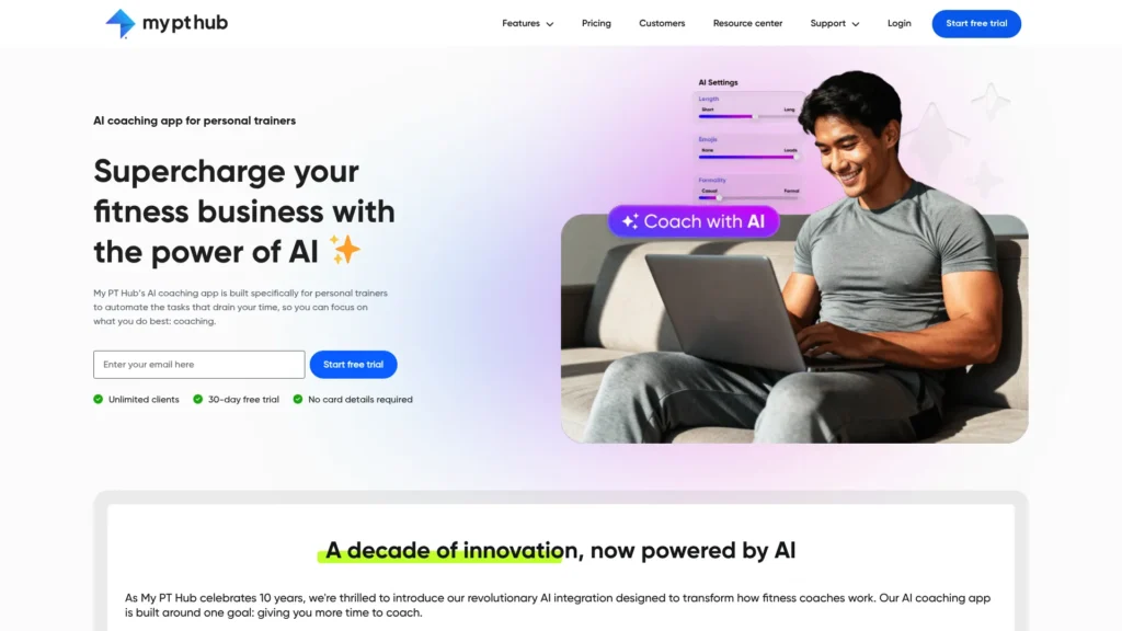 My PT Hub homepage with the headline Supercharge your fitness business with the power of AI