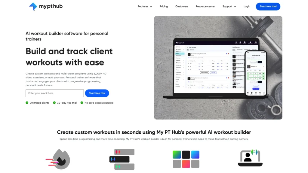 My PT Hub workout builder page: build and track client workouts with ease
