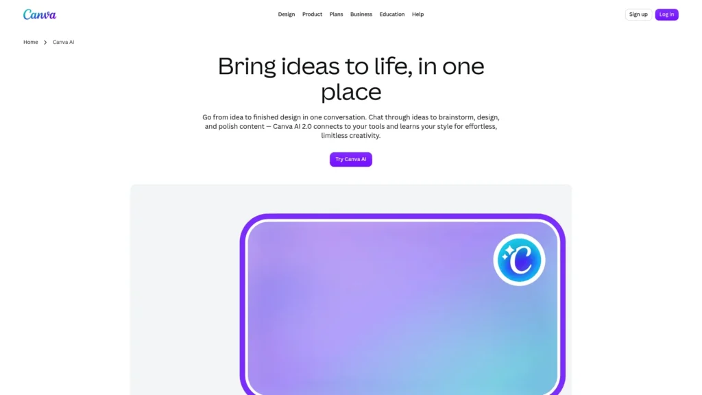 Canva AI page with the headline Bring ideas to life, in one place