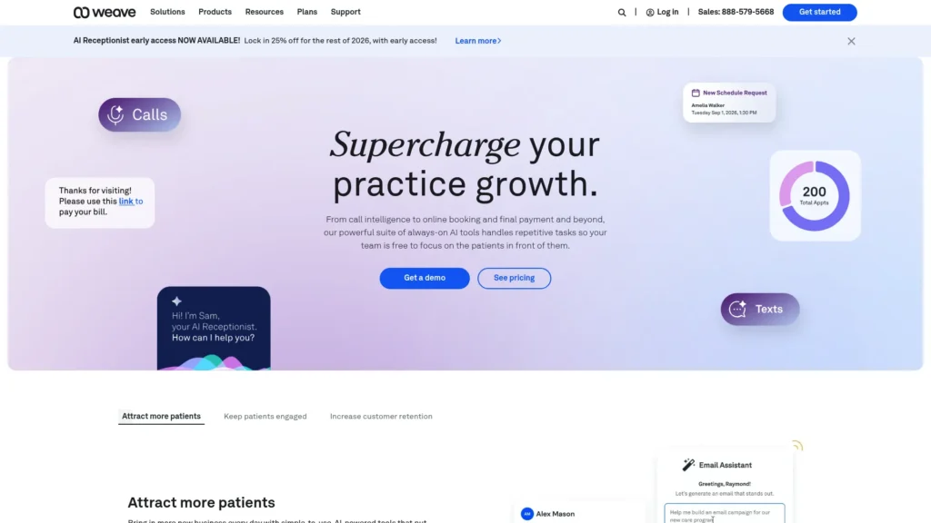 Weave homepage with the headline Supercharge your practice growth