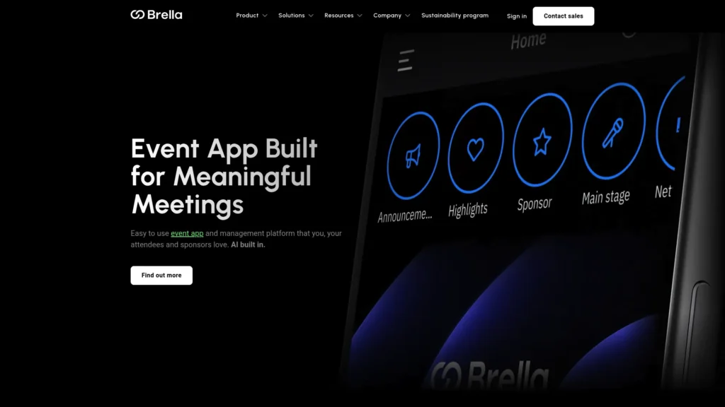 Brella homepage with the headline Event App Built for Meaningful Meetings