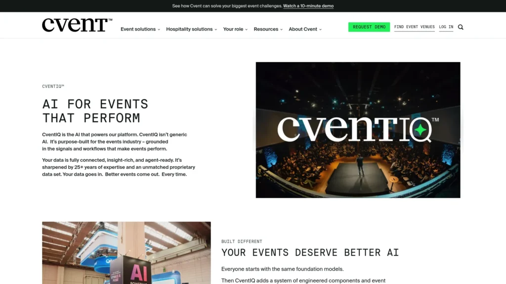 Cvent homepage promoting AI for events with CventIQ