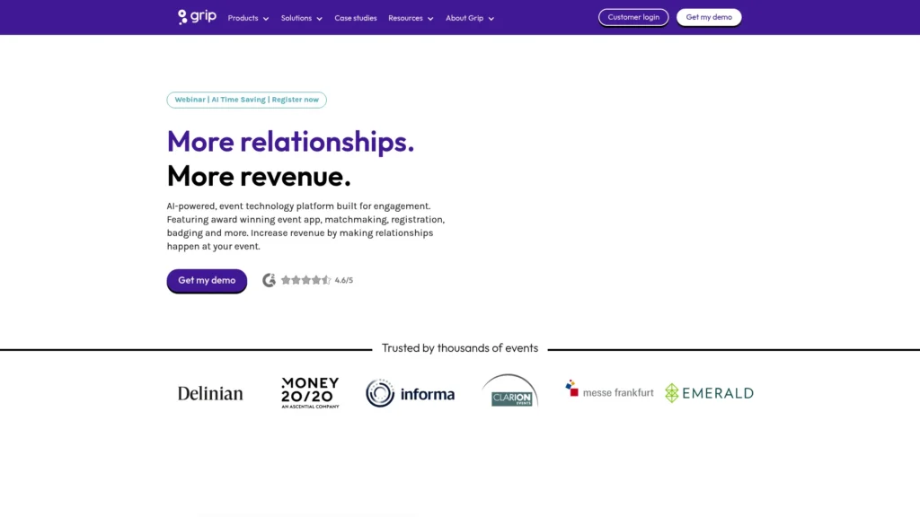 Grip event networking homepage with the headline More relationships. More revenue.