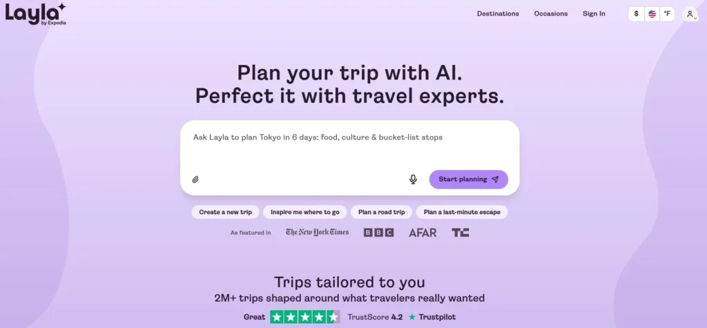 Layla AI homepage with a trip-planning prompt box: Plan your trip with AI