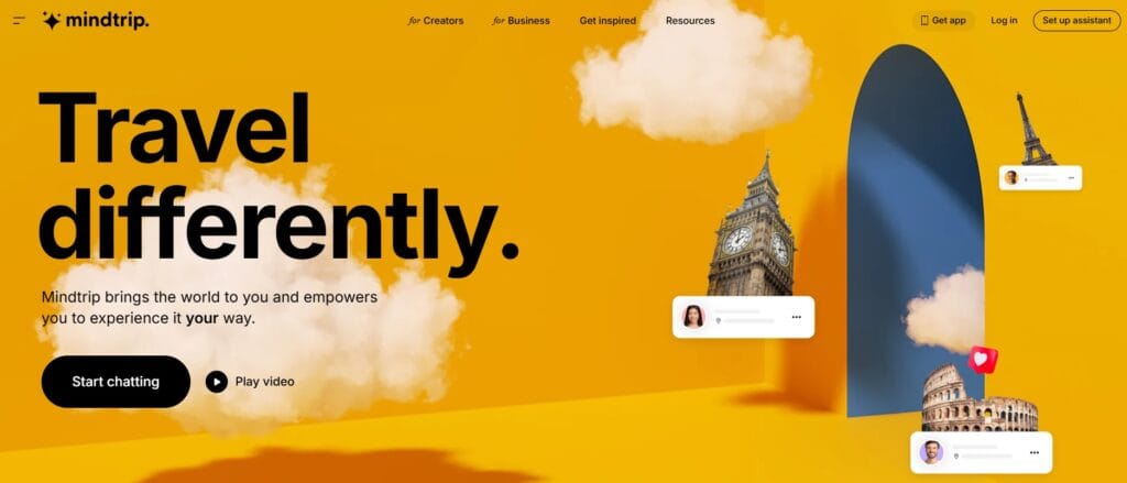 Mindtrip homepage with the headline Travel differently