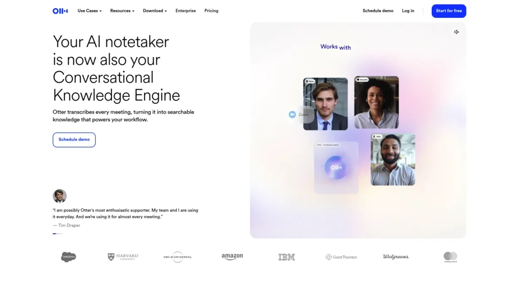 Otter.ai homepage describing its AI notetaker