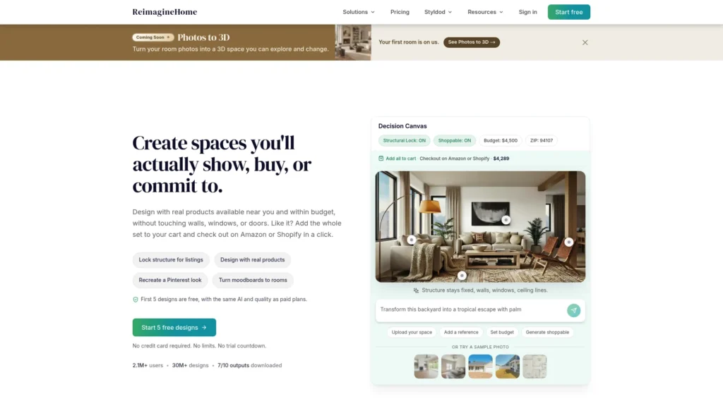 REimagineHome homepage showing AI-redesigned room examples