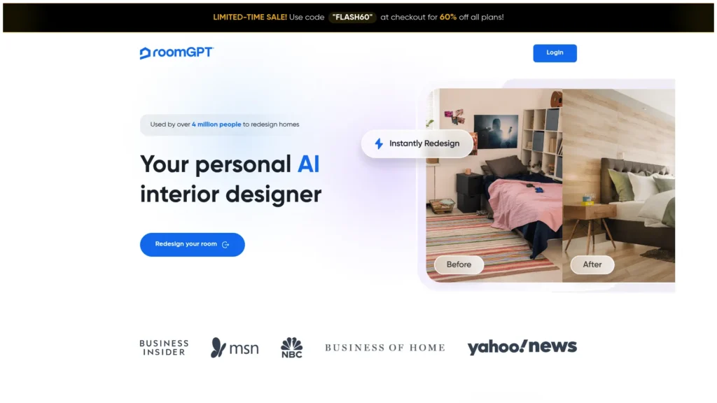RoomGPT homepage with the headline Your personal AI interior designer