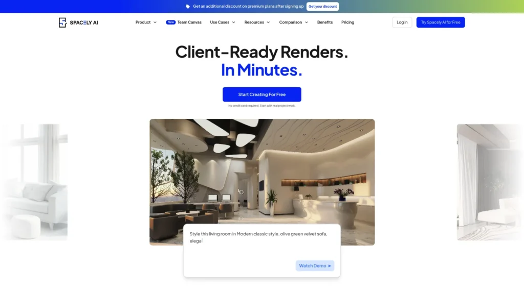 Spacely AI homepage showing an interior render: client-ready renders in minutes