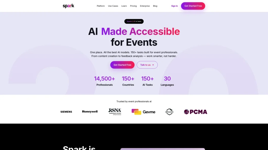 Spark homepage with the headline AI Made Accessible for Events