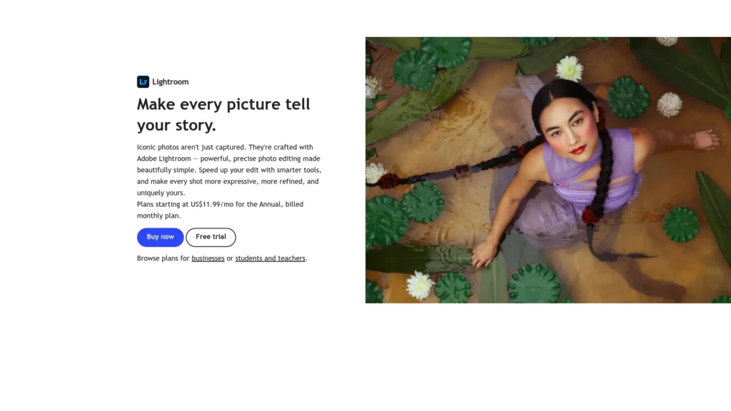 Adobe Lightroom page with the headline Make every picture tell your story
