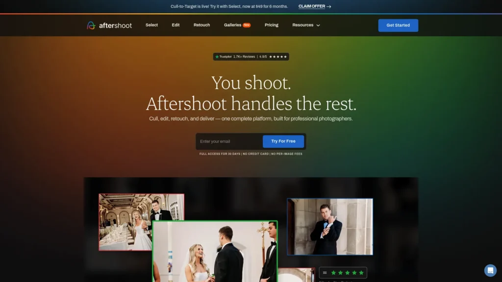 Aftershoot homepage with the headline You shoot. Aftershoot handles the rest.