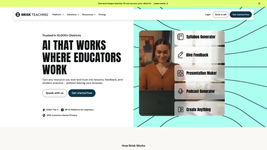 Brisk Teaching homepage with the headline AI that works where educators work