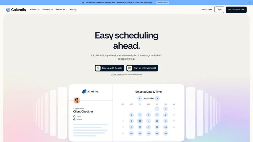 Calendly homepage with the headline Easy scheduling ahead, showing a booking calendar
