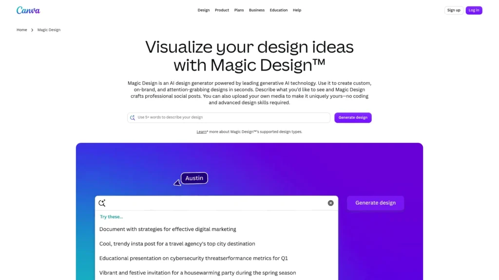 Canva Magic Design page with the headline Visualize your design ideas with Magic Design