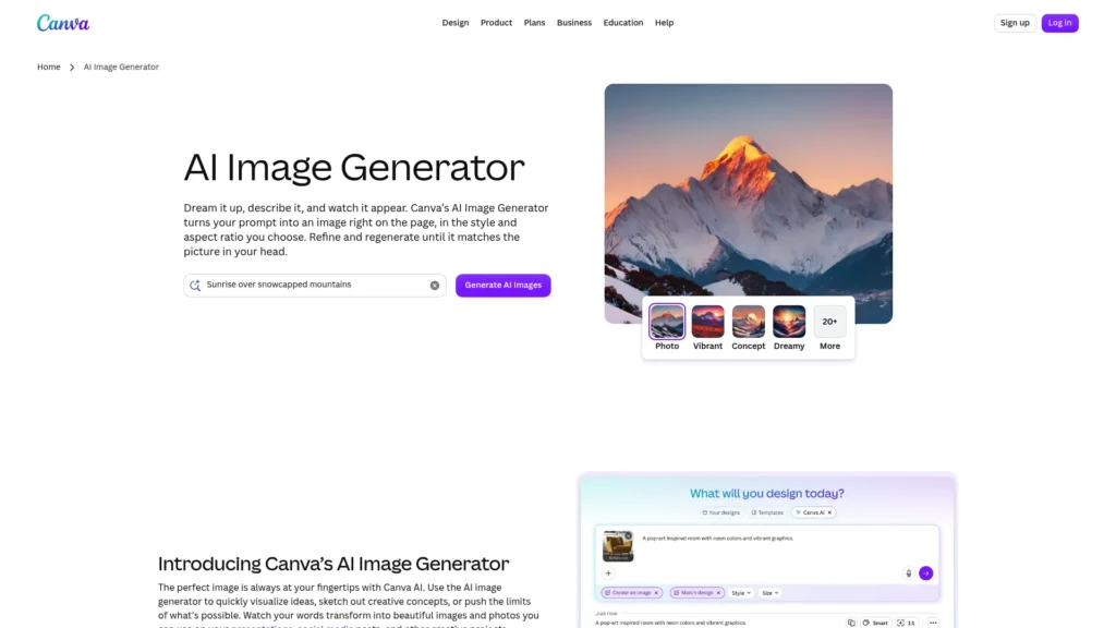 Canva AI Image Generator page with a sample mountain landscape