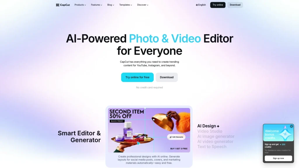 CapCut homepage: AI-powered photo and video editor for everyone