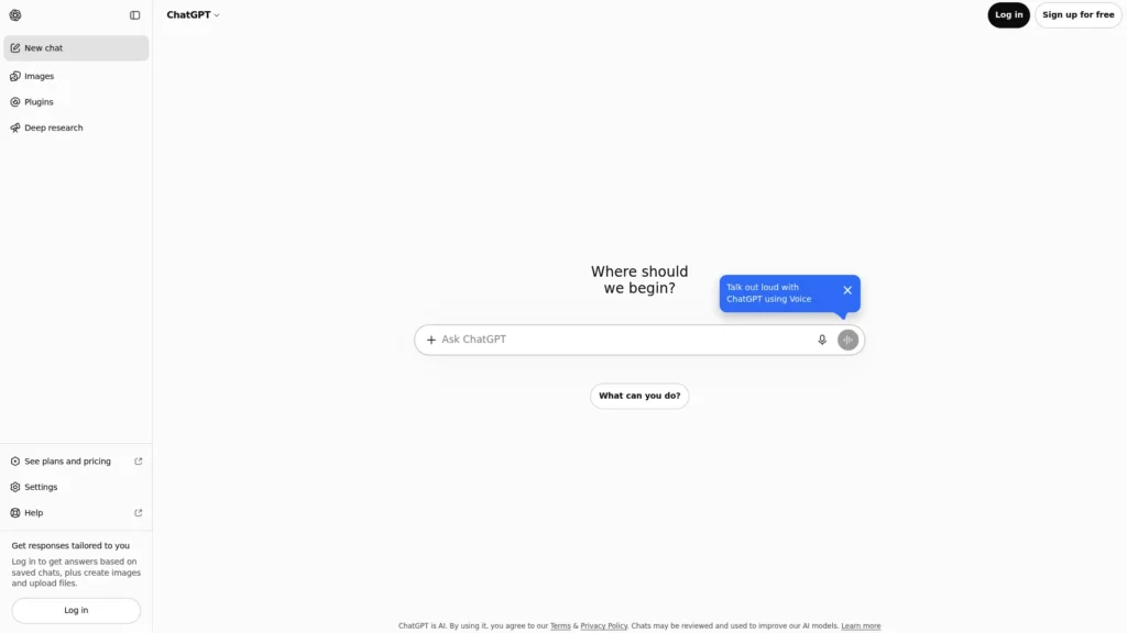 ChatGPT start screen with the prompt box asking Where should we begin?