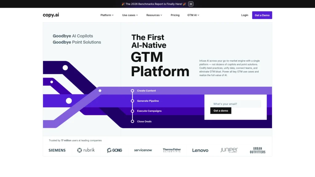 Copy.ai homepage with the headline The First AI-Native GTM Platform
