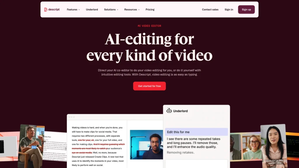 Descript homepage with the headline AI-editing for every kind of video