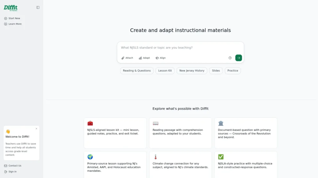 Diffit tool page for creating and adapting instructional materials