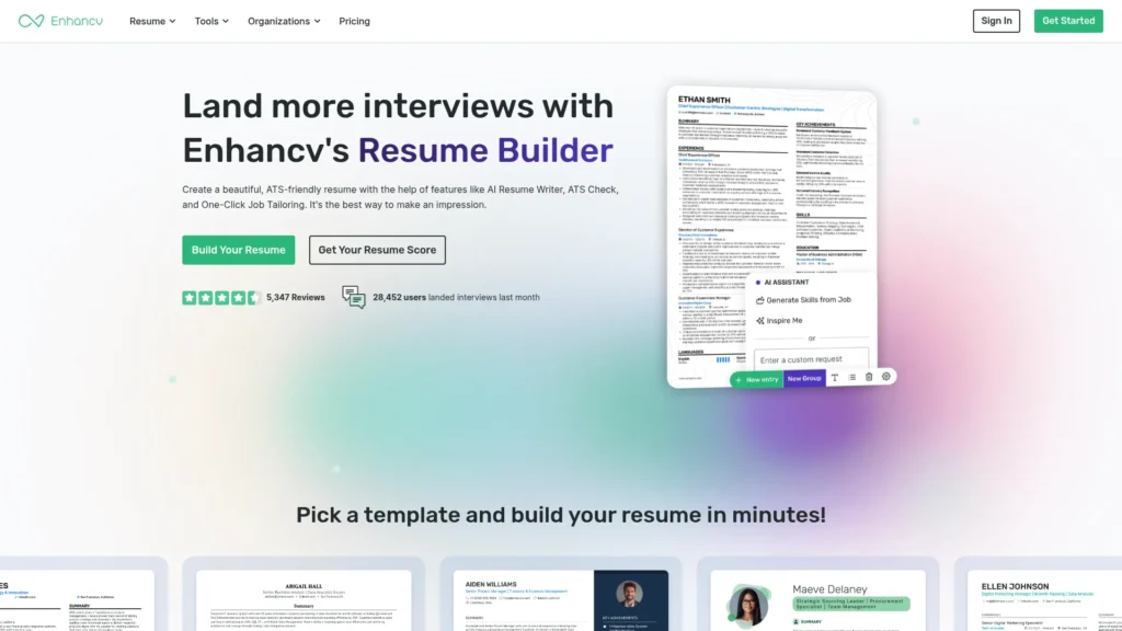 Enhancv homepage with the headline Land more interviews with Enhancv’s Resume Builder