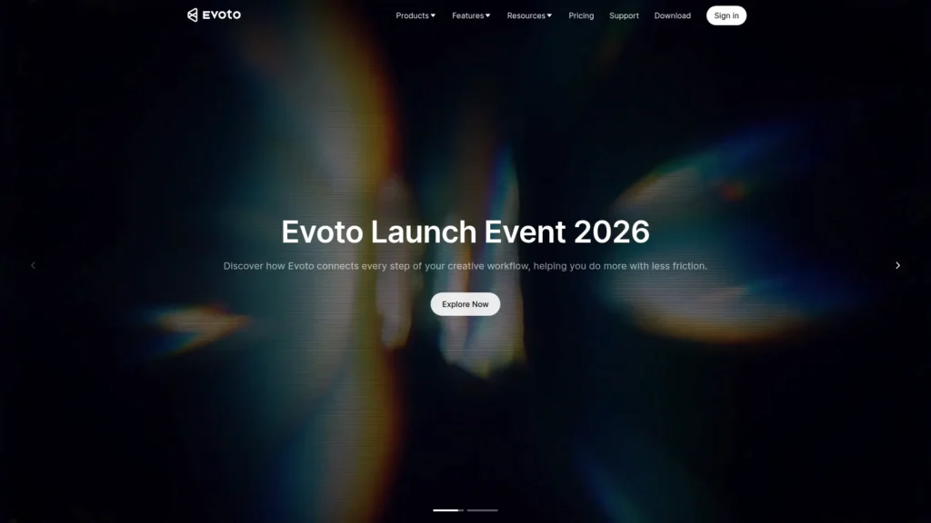 Evoto AI photo editor homepage announcing its 2026 launch event
