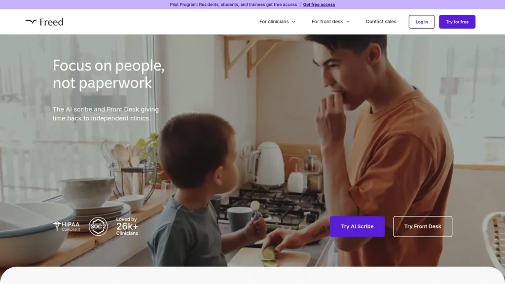 Freed AI homepage with the headline Focus on people, not paperwork