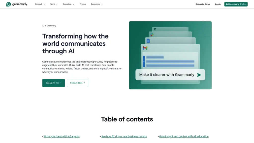 Grammarly homepage with the headline Transforming how the world communicates through AI
