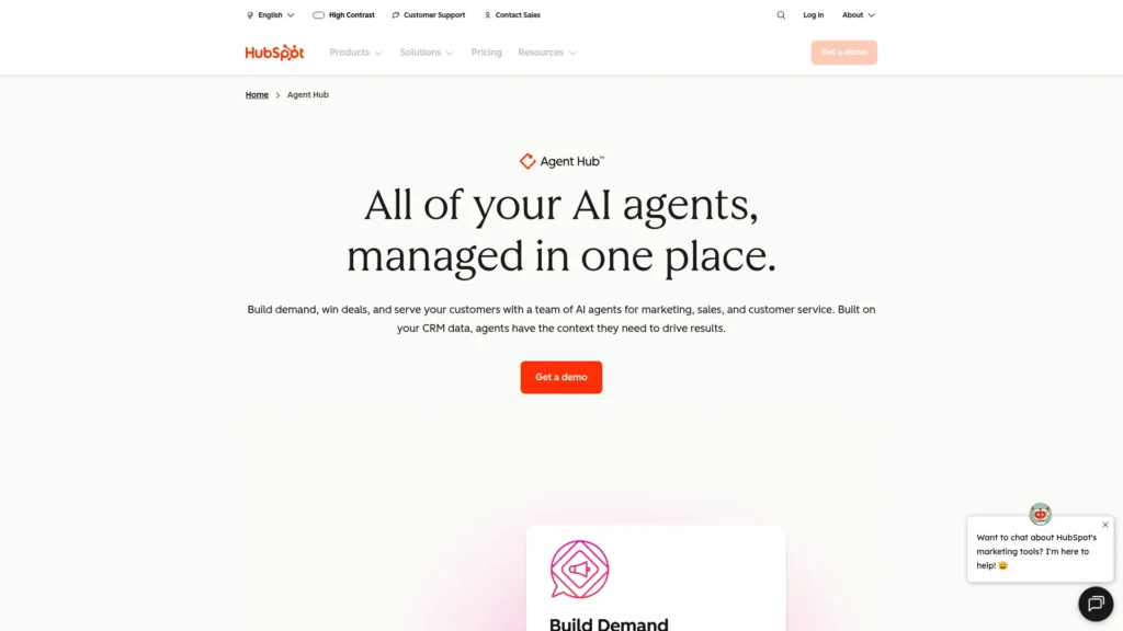 HubSpot AI page with the headline All of your AI agents, managed in one place