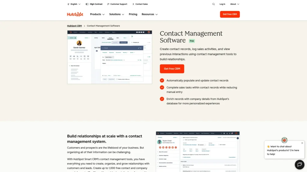 HubSpot contact management software page