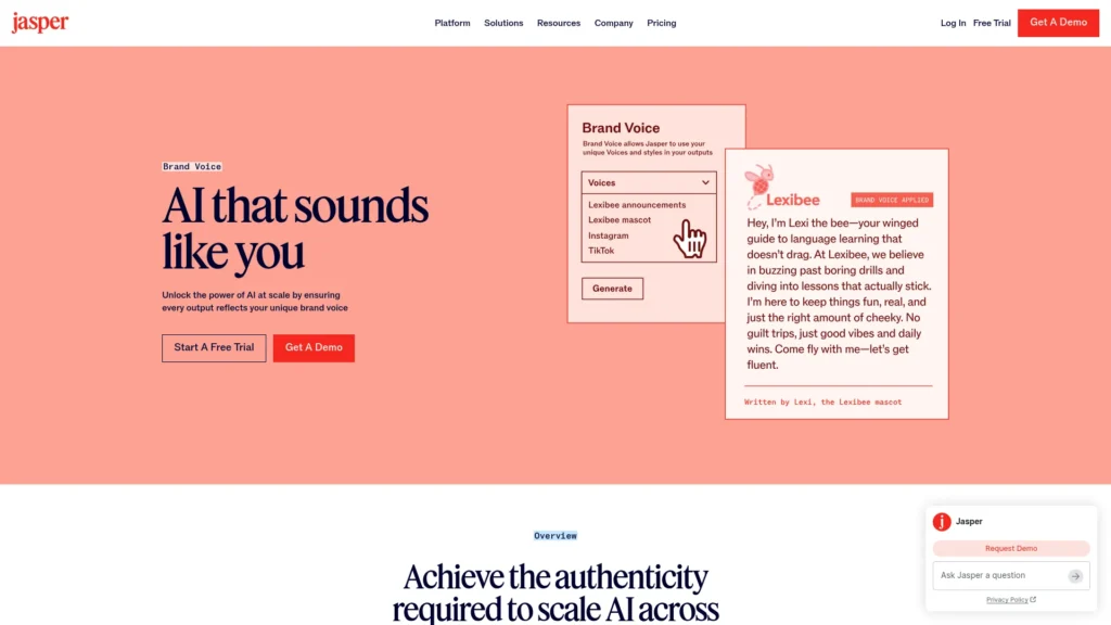 Jasper homepage with the headline AI that sounds like you