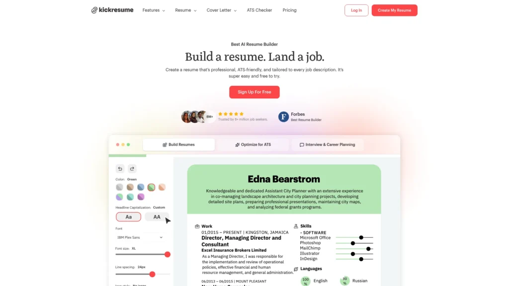 Kickresume homepage with the headline Build a resume. Land a job.