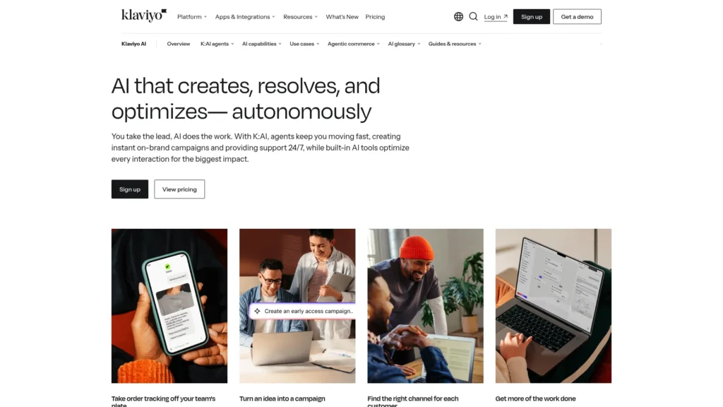 Klaviyo homepage with the headline AI that creates, resolves, and optimizes, autonomously