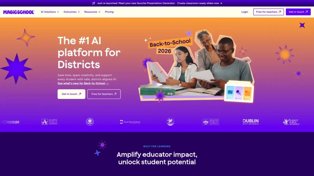 MagicSchool homepage with the headline The #1 AI platform for Districts