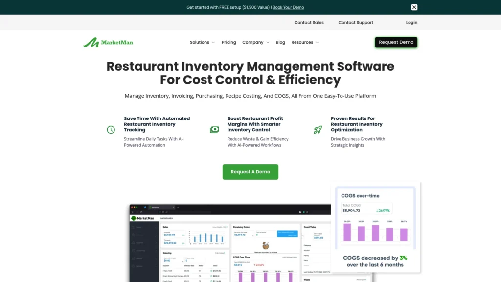 MarketMan homepage for restaurant inventory management and food-cost control