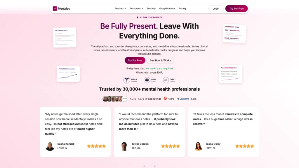 Mentalyc homepage with the headline Be Fully Present. Leave With Everything Done.