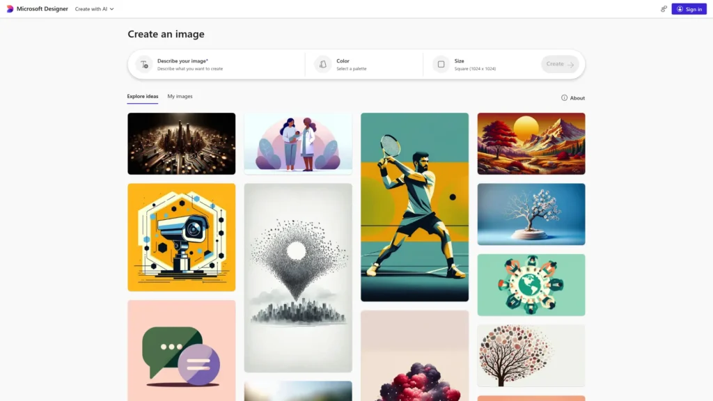 Microsoft Designer image creation page with a grid of AI-generated images