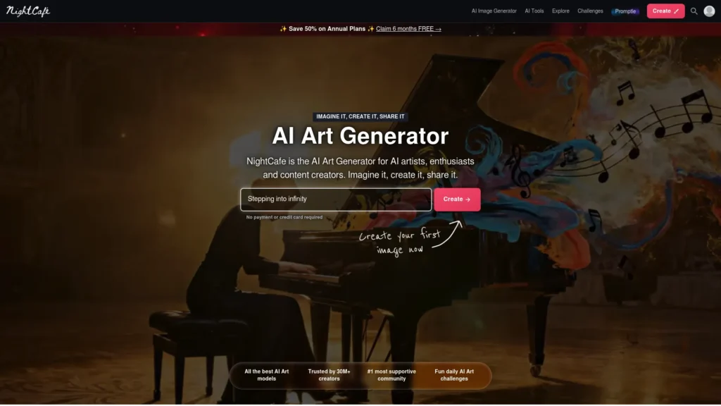 NightCafe AI Art Generator homepage showing a person playing piano