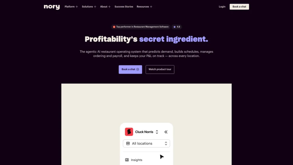 Nory restaurant management homepage with the headline Profitability’s secret ingredient