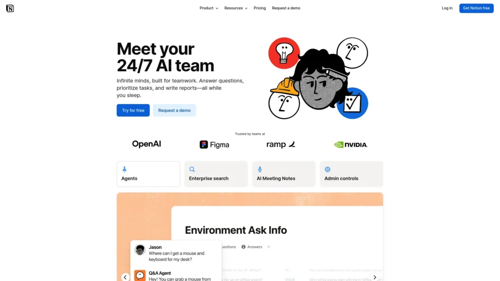 Notion AI page with the headline Meet your 24/7 AI team