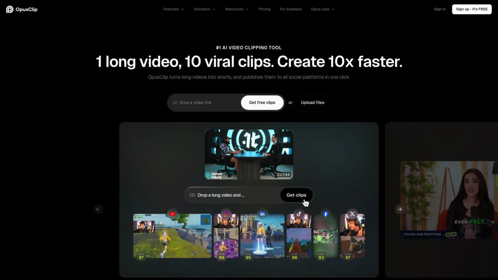 OpusClip homepage: 1 long video, 10 viral clips. Create 10x faster.