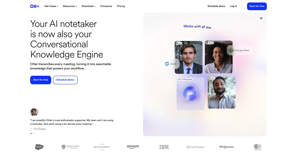 Otter.ai homepage describing its AI notetaker